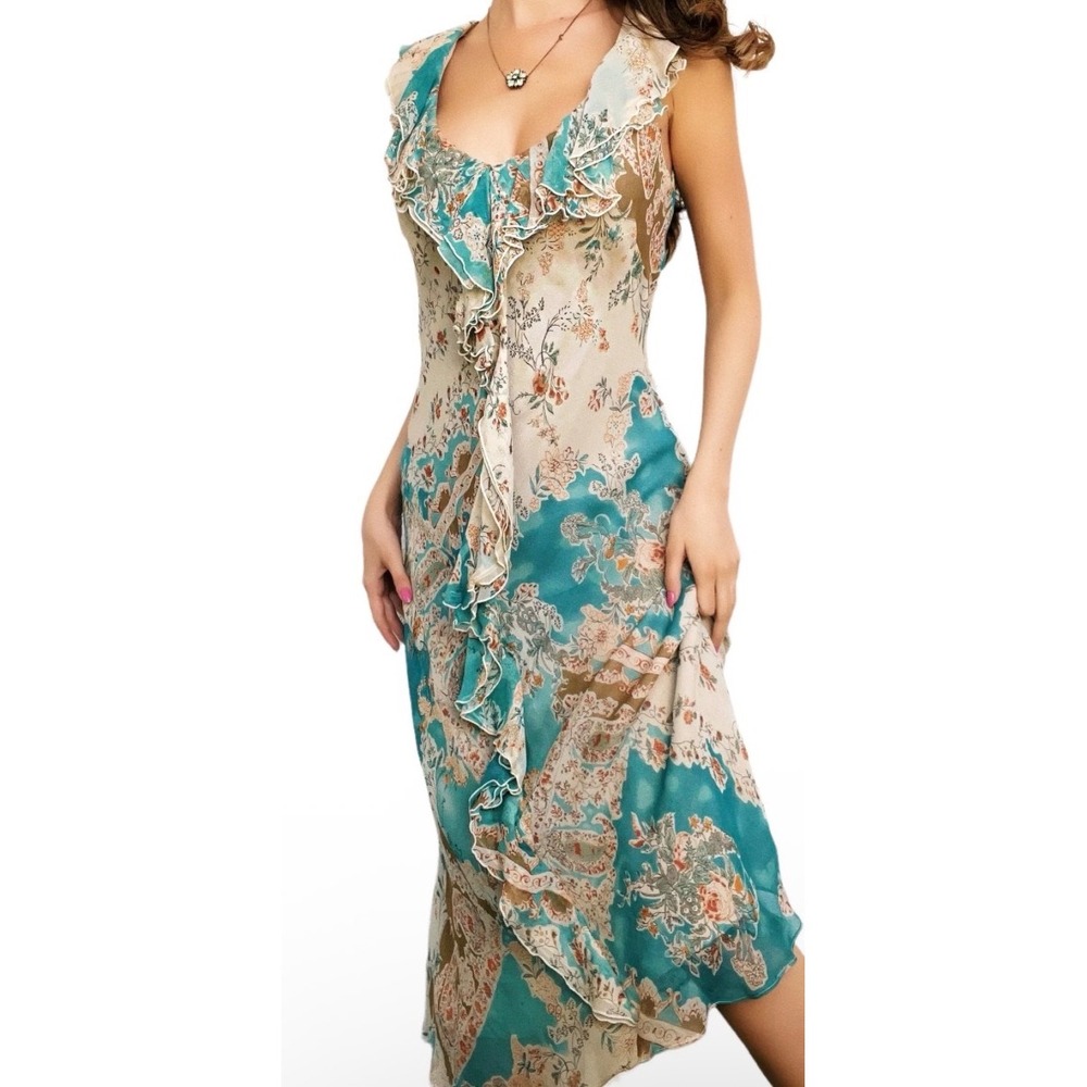 Y2K David Warren New York 100% Silk Floral Paisley Ruffle Midi Dress 6P Fairy